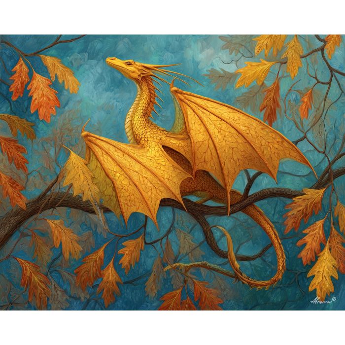 leaf dragon, gold wing design, autumn branches, warm palette, elegant slender dragon, nature fantasy art