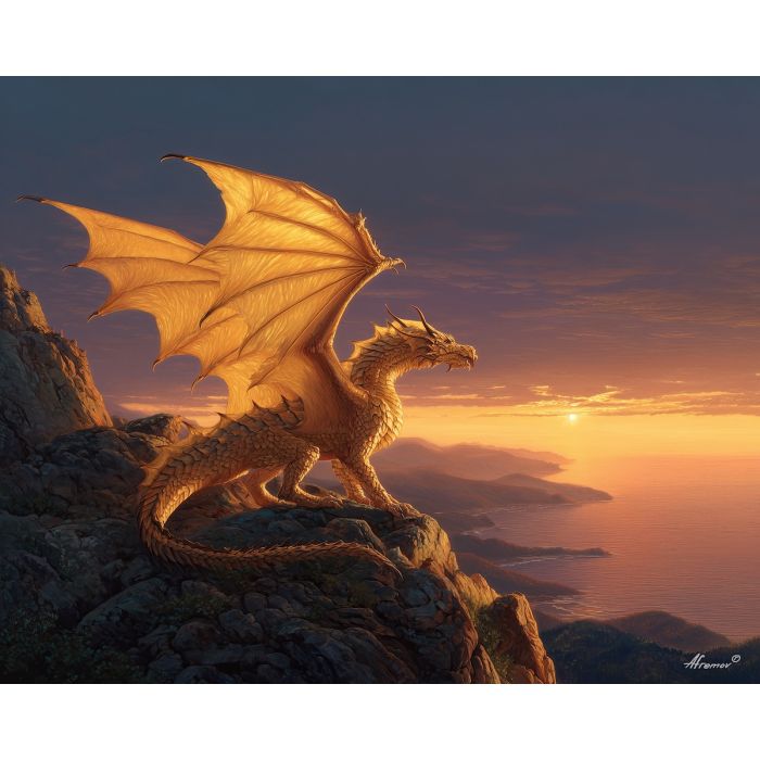 sunrise dragon, golden light, cliff silhouette, warm glowing wings, morning sky tones, elevated dragon pose