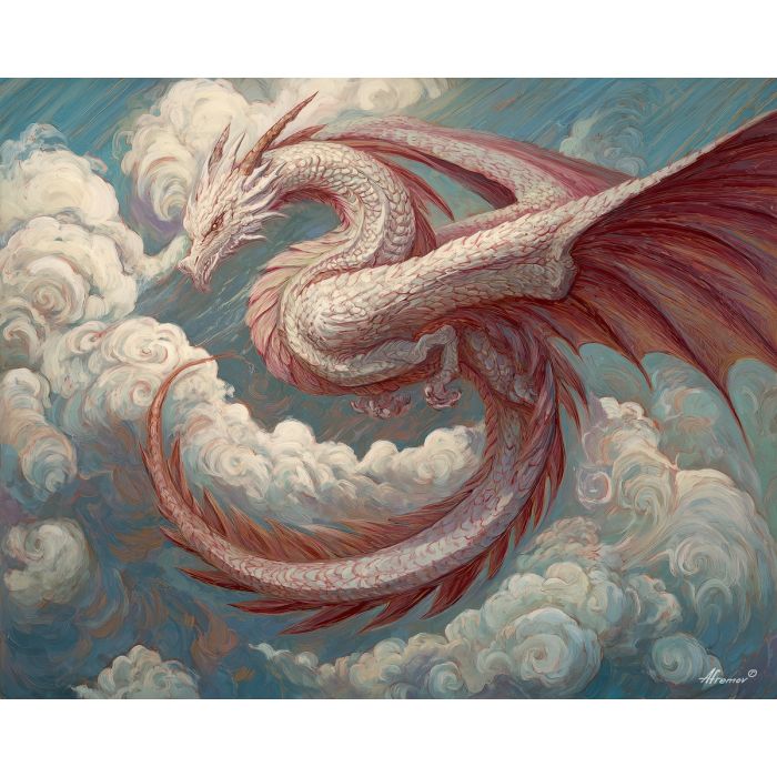 wind dragon, cyclone wings, air currents, storm motion, swirling dragon, grey blue tones, air elemental creature
