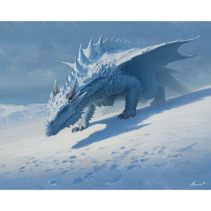 ice dragon, frost coated wings, frozen horns, snow dunes, cold creature design, icy blue palette, winter fantasy