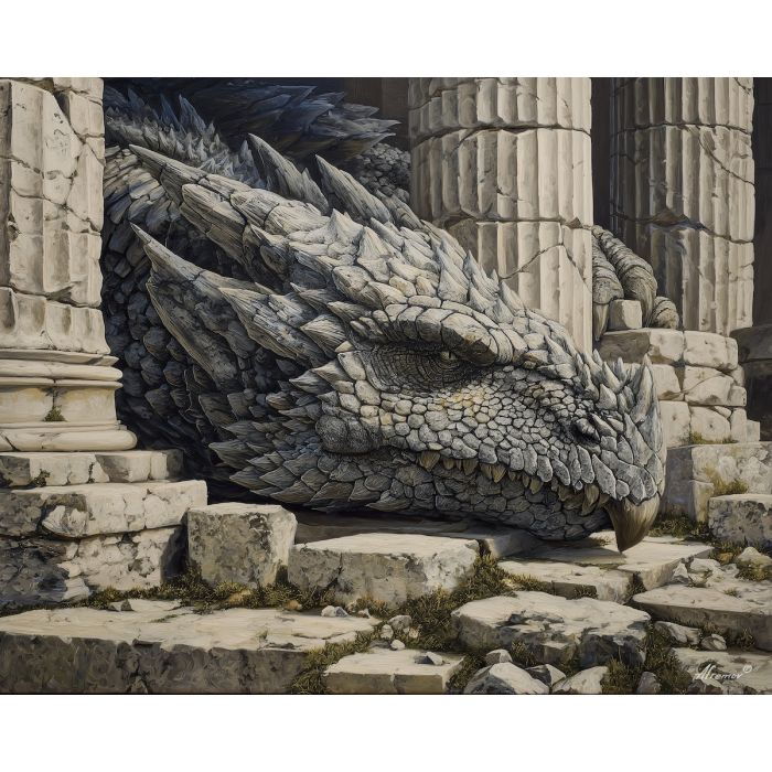 stone dragon, ancient ruins, temple structures, old civilization, weathered scales, historic fantasy art, mysterious creature