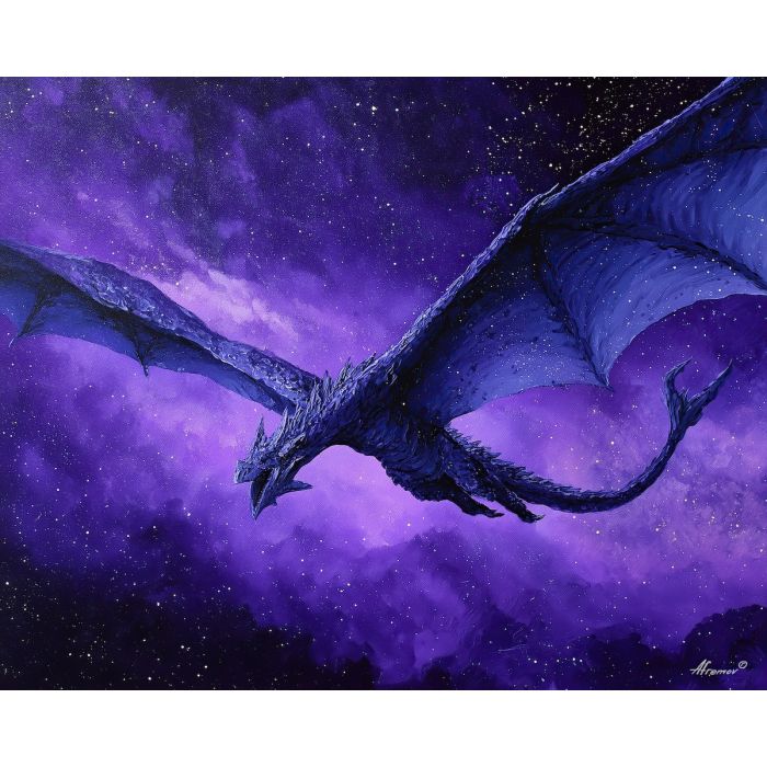cosmic dragon, star wings, night sky creature, purple galaxy tones, stellar dragon art, celestial flight, glowing cosmic patterns