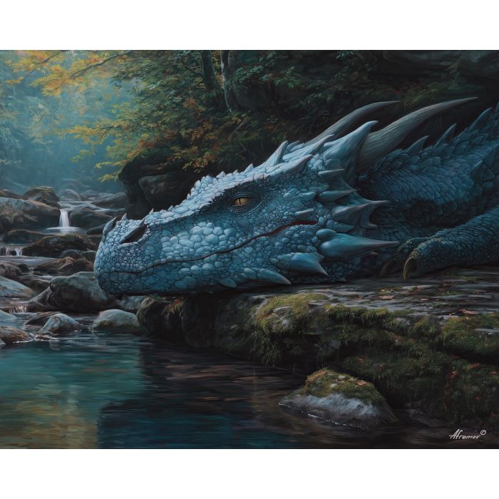 stone scales, creek scene, earthy dragon, natural tones, smooth textured creature, peaceful river bank art