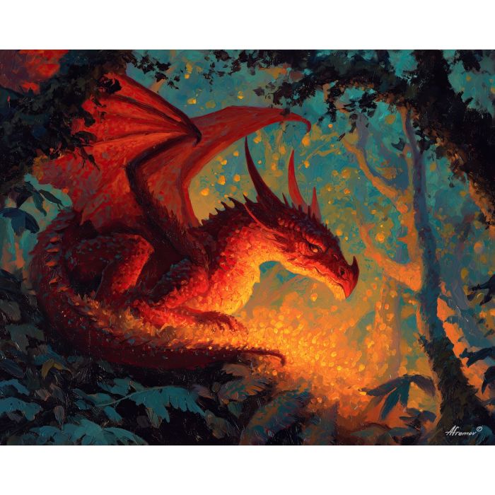 small fire dragon, ember glow, forest canopy scene, warm light creature, gentle fire tones, woodland dragon