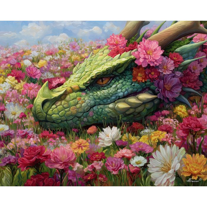 floral dragon, blossom field, gentle creature, flowery horns, spring palette, nature dragon fantasy, soft tones