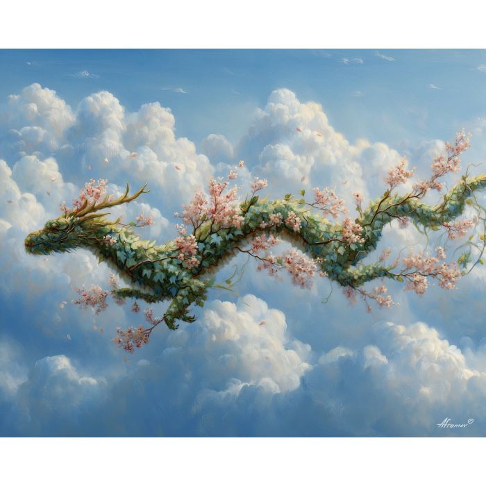 vine dragon, leaf trail, floating creature, sky nature hybrid, blossoms in air, gentle green palette, fantasy sky art