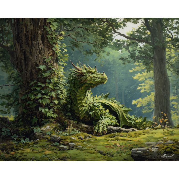 forest dragon, green scales, vine wrapped creature, ancient forest, nature guardian, woodland dragon, fantasy greenery, earthy tones