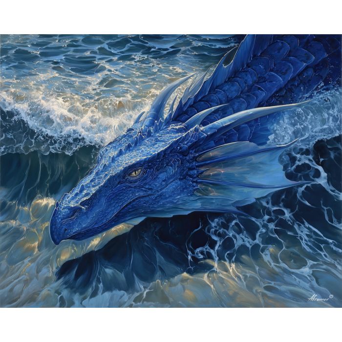 water dragon, blue scales, ocean waves, sea creature, aquatic dragon, reflective water light, marine fantasy art