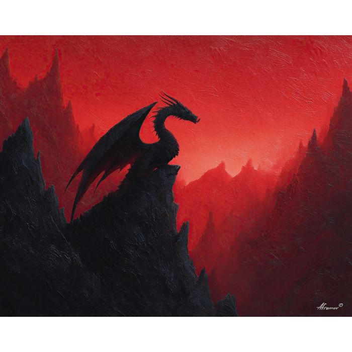 black dragon, mountain peak silhouette, red horizon, dark fantasy art, powerful dragon figure, dramatic cliff scene, shadow creature