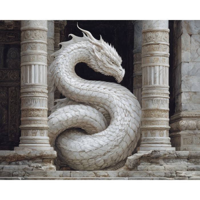 white dragon, marble scales, ancient pillars, temple setting, elegant coil, soft white palette, sacred ruins