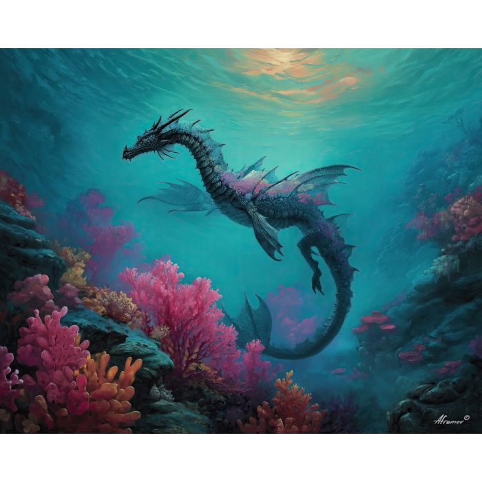 reef dragon, coral scales, turquoise water, glowing underwater scene, ocean creature, marine fantasy art