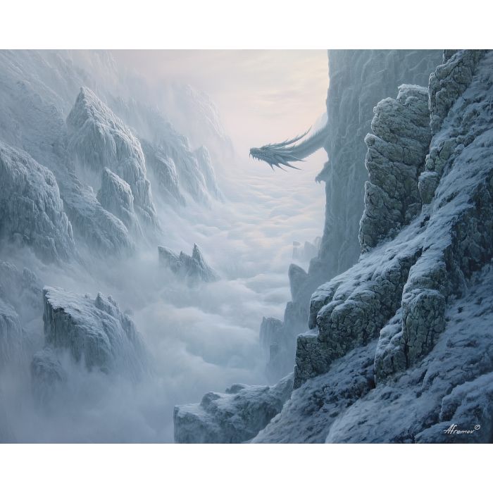 mist dragon, serpentine body, pale cliffs, fog landscape, white blue tones, elegant dragon form, floating creature, soft atmosphere