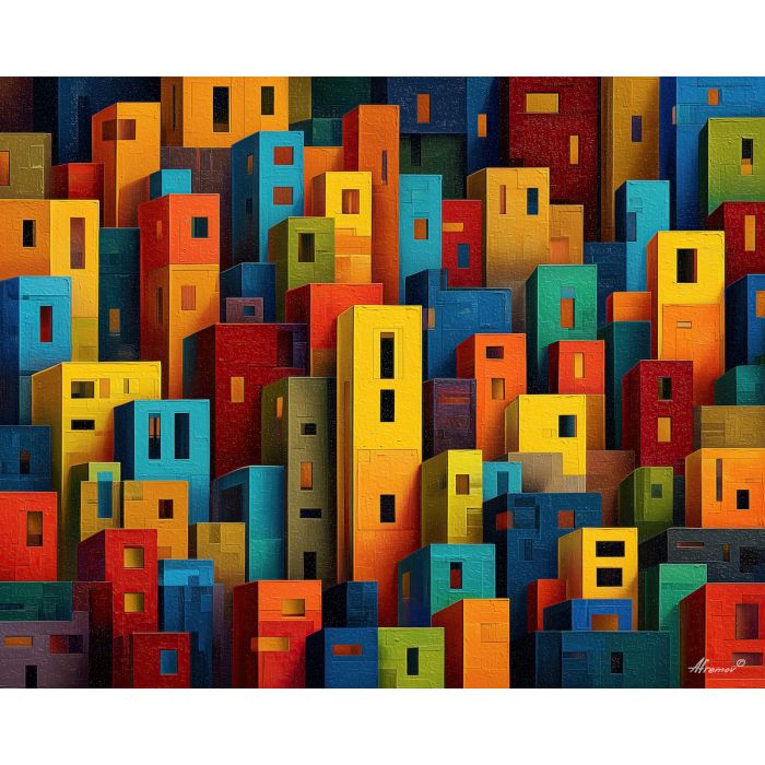 modern city art, color tiles, rectangle buildings, abstract urban shapes, bright city palette, tiled skyline, geometric architecture, simplified city blocks, vibrant urban art