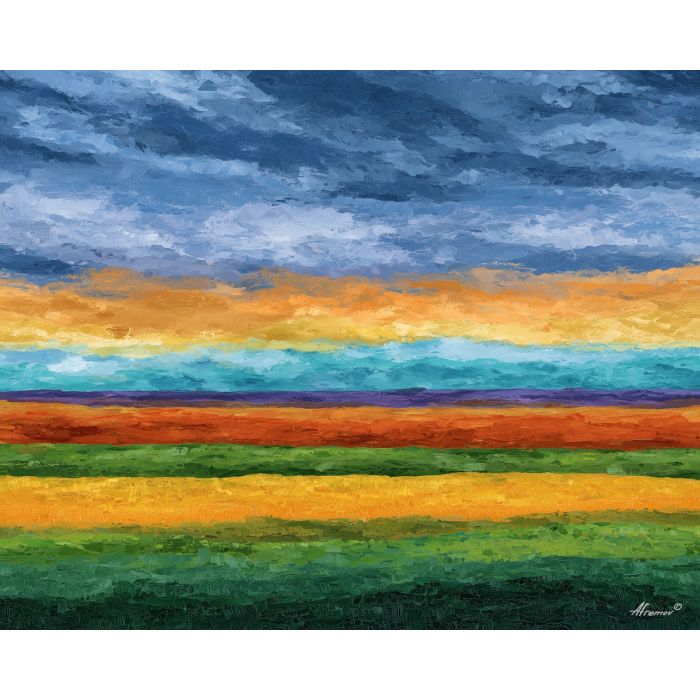 color field art, minimal horizon, stacked bands, warm cool contrast, modern abstract landscape, simplified shapes, clean color lines, contemporary horizon, soft gradients, calm modern palette, minimalism painting, abstract atmosphere, color harmony, layered tones, modern flat shapes