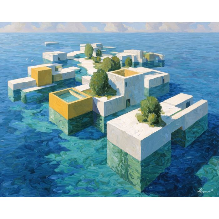 geometric islands, flat blue sea, modern minimal seascape, block shapes, simplified coastline, graphic ocean forms, color block water