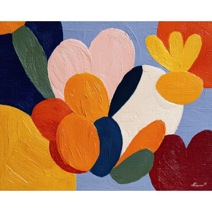 abstract garden, bold color fields, simple floral shapes, modern nature design, flat botanical art, graphic garden painting, vibrant plant palette