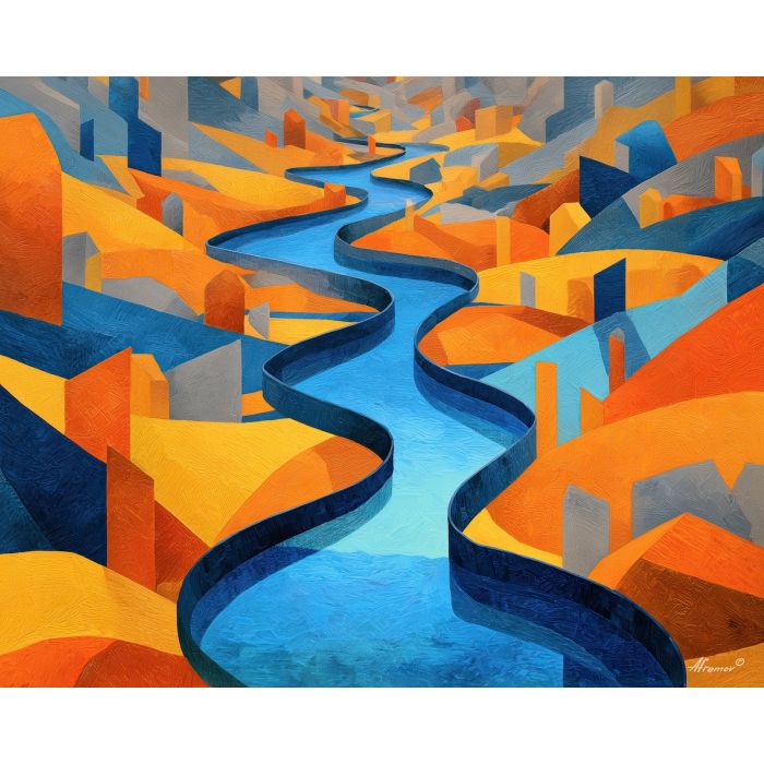 ribbon river, blue river band, warm geometric fields, modern nature abstraction, flowing shape design, simple terrain blocks, bold color contrast
