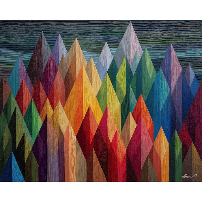 geometric mountains, triangular peaks, stacked shapes, bold modern palette, abstract mountain art, layered landscape geometry, contemporary nature shapes
