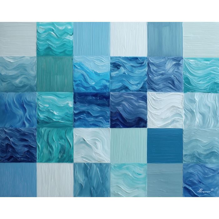 wave grid pattern, cool blue palette, modern minimal shapes, abstract ocean lines, intersecting forms, geometric overlay, calm modern design