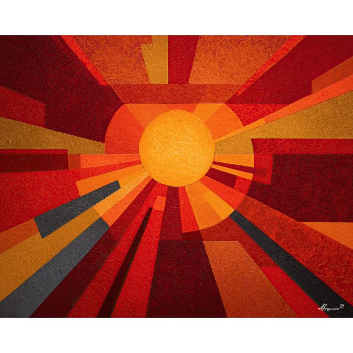 modern sun art, abstract sun, circular focus, color blocks, warm tones painting, geometric sunlight, contemporary minimalism, bold shapes, intersecting lines, graphic sun image, modern color field, radiant circle art, simplified sunlight, bright warm palette, shape based sun