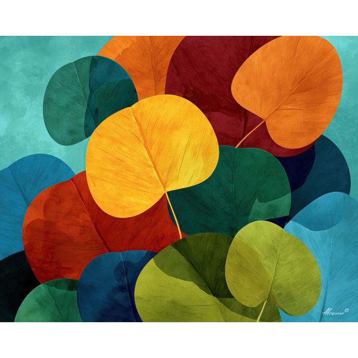 modern leaves, flat colors, overlapping shapes, minimal botanical art, rounded leaf silhouettes, contemporary nature design, bold plant forms