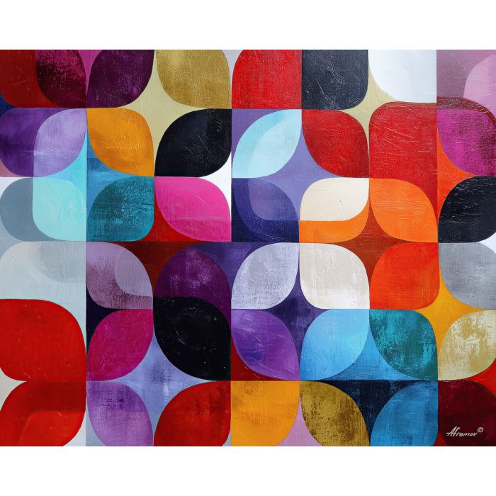 modern petals, floral grid, repeating shapes, bold block pattern, graphic flower art, simplified forms, contemporary floral design, strong color alignment