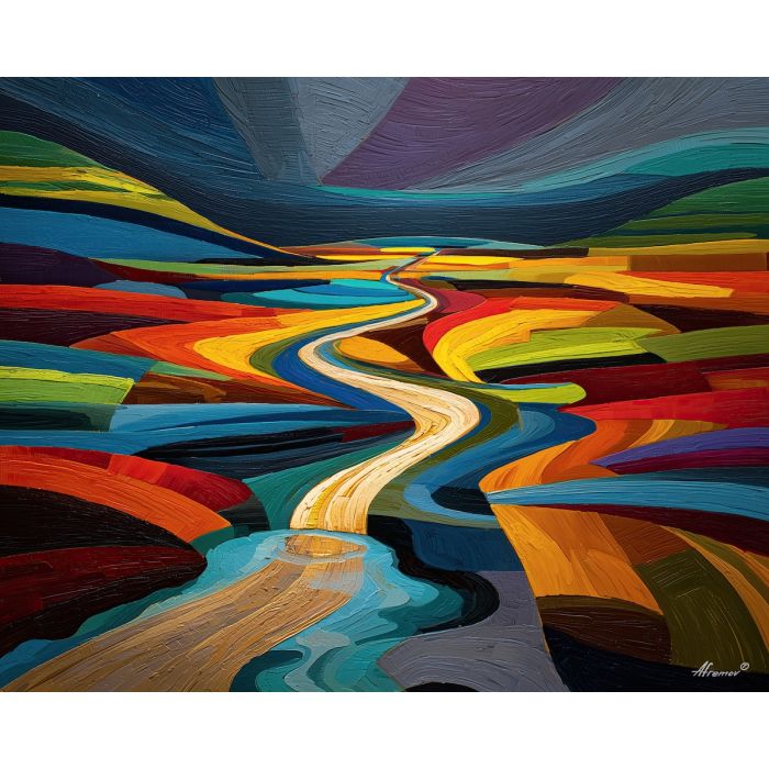 curved lines, abstract terrain, bold modern palette, journey path design, simplified shapes, contemporary landscape, graphic curves