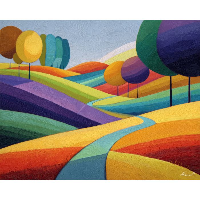 modern hills, bright landscape, curved shapes, abstract trees, color field painting, simplified terrain, contemporary scenery, bold landscape art, vibrant fields, stylized hills, modern nature design, minimal forms, colorful earth shapes, graphic landscape, bright modern palette, smooth curves, landscape abstraction, artistic hills, modern shapes