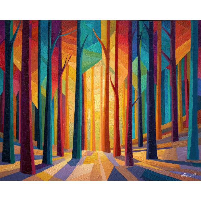 vertical color beams, modern forest, abstract trees, sunset tones, stylized nature painting, graphic vertical shapes, modern landscape, bold sunset palette