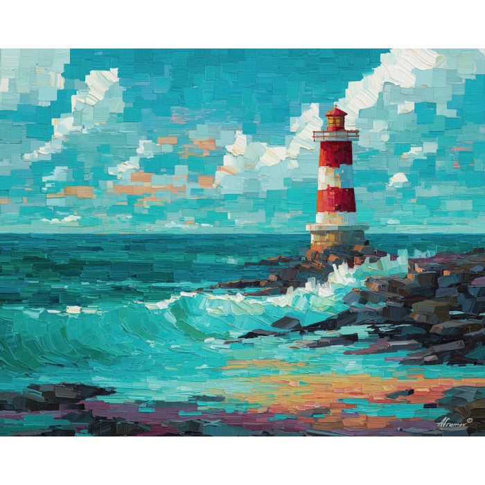 pixel lighthouse, retro shore, teal waves, 8-bit rocks, red white stripes, pixel ocean, blocky surf, nostalgic sea art, coastal beacon, simplified coastline, maritime pixel scene, geometric waves, bright palette, seaside view, digital seaside, pixel beach, classic lighthouse shape, fresh ocean colors, retro water art, pixel coastal look