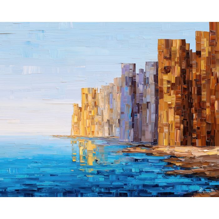 pixel cliff, minimal coast, stacked brown blocks, blue shoreline line, 8-bit cliff design, geometric landscape pixel