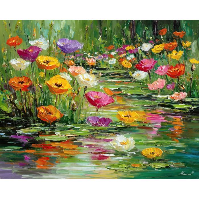 pond reflection painting, floral pond art, blooming garden impressionism, colorful flowers painting, soft water reflections, palette knife floral textures