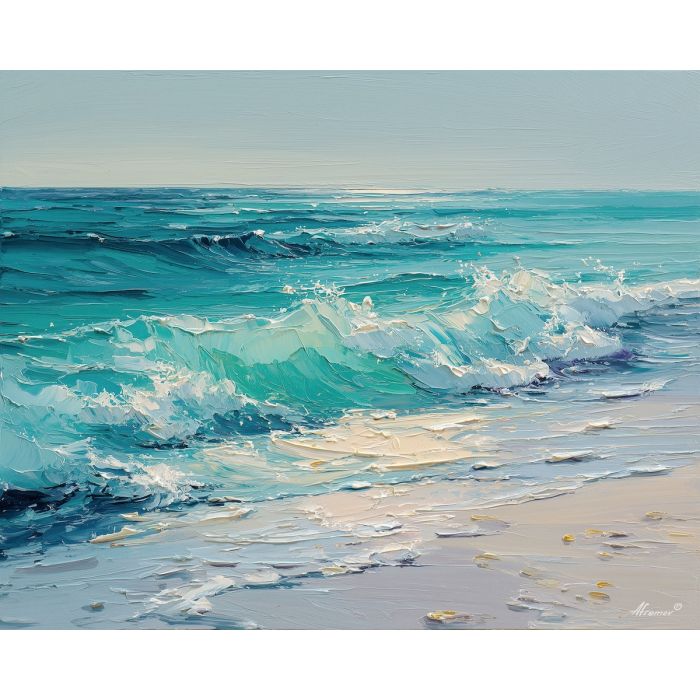 seascape impressionism, turquoise waves art, morning shoreline painting, soft seafoam texture, beach landscape art, pastel ocean tones, palette knife water, coastal impressionism