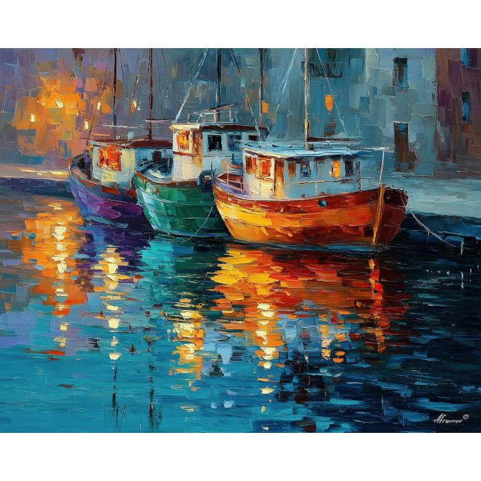 harbor painting, fishing boats art, morning light impressionism, shimmering water reflections, colorful boat scene, coastal impressionist art, palette knife harbor