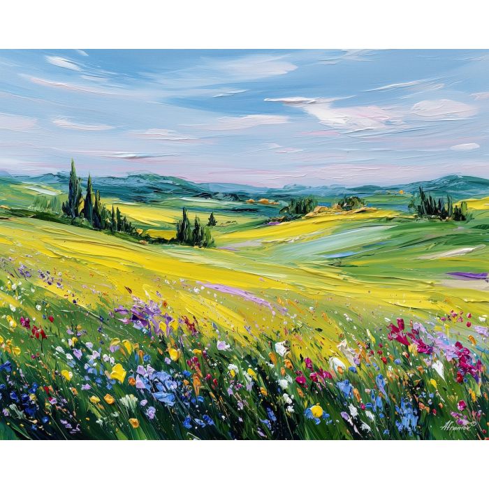 wildflower meadow painting, rolling hills art, impressionist field scene, colorful meadow view, palette knife texture, spring landscape art, floral field painting, joyful nature scene