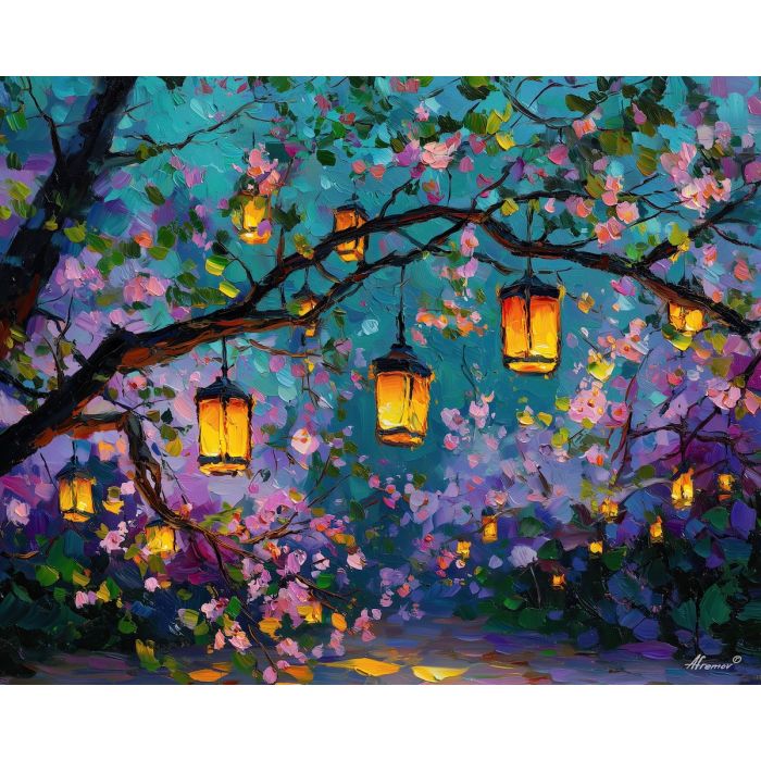 spring blossoms painting, lantern garden art, floral impressionism, glowing lanterns, soft pastel blooms, garden at dusk painting, romantic floral scene, palette knife flowers