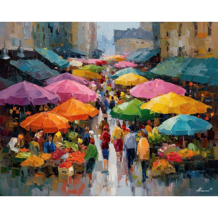 market painting, colorful umbrellas art, morning light impressionism, lively market scene, vendors painting, soft warm palette, palette knife strokes, crowd scene art