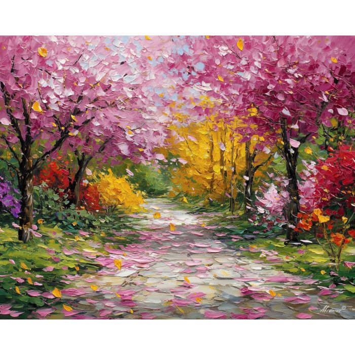 flower path painting, pink petals art, breezy garden scene, impressionist spring path, pastel blossoms, palette knife flowers, romantic walkway art