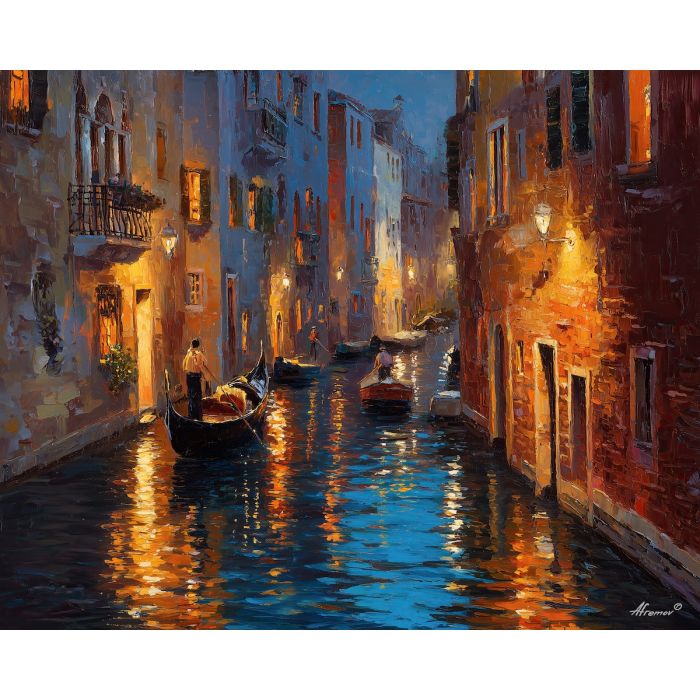 venice canal painting, gondola impressionism, golden water reflections, italian cityscape art, warm canal glow, palette knife water texture, romantic travel painting