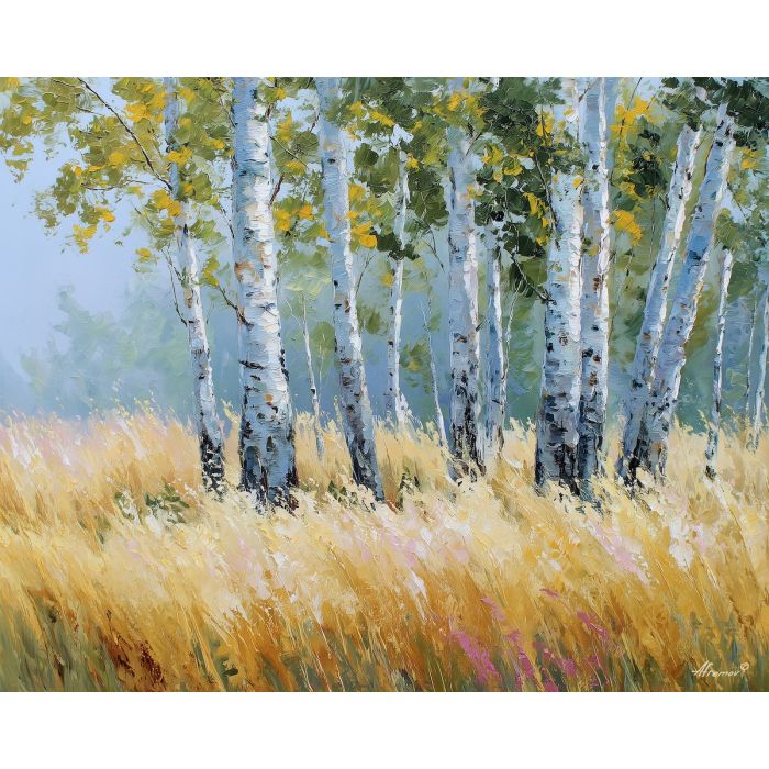 birch forest painting, silver morning light, pale grasses art, impressionist woodland, soft early light painting, palette knife trees, forest impressionism