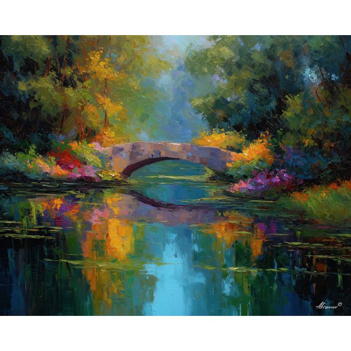 arched bridge painting, reflective pond art, impressionist water garden, calm landscape scene, pastel foliage, palette knife water reflections