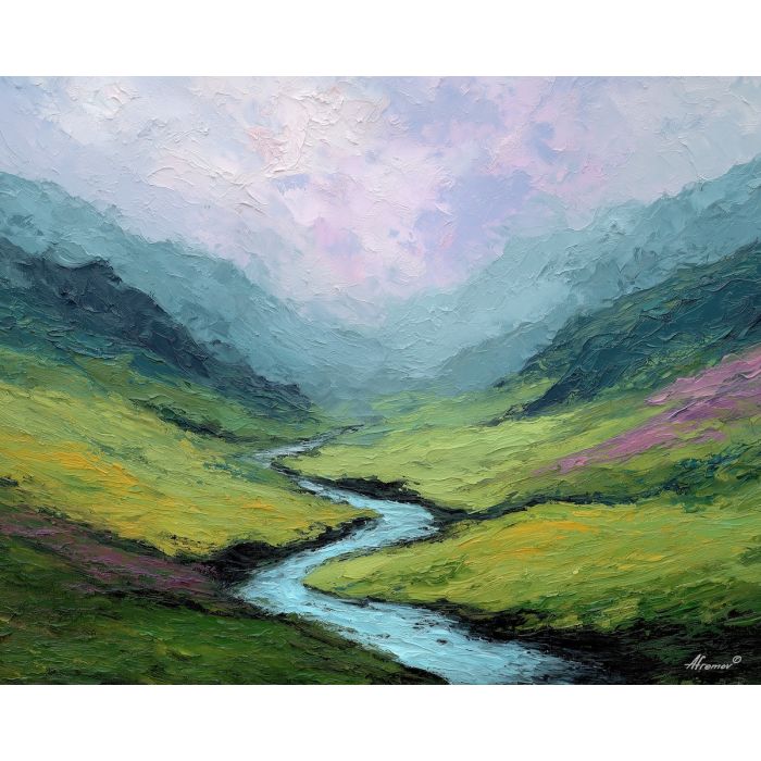 soft river painting, green valley art, pastel hills landscape, impressionist mist, gentle river scene, palette knife valley painting