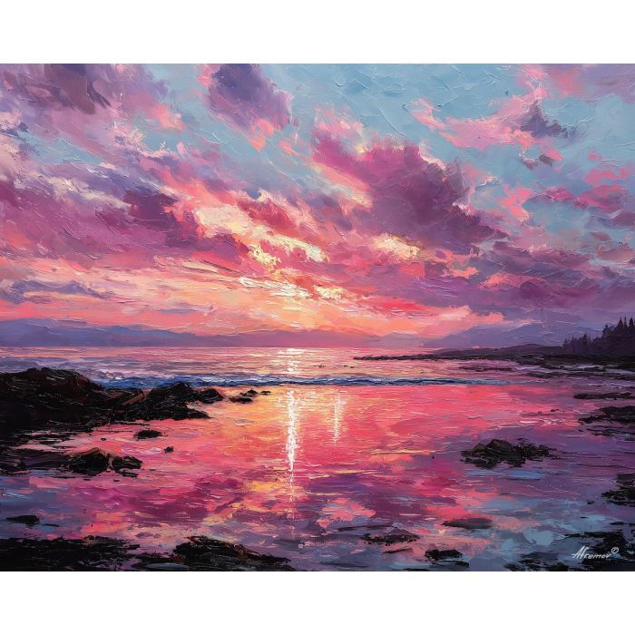 sunset sky painting, pink coral clouds art, coastal sunset impressionism, glowing shoreline, palette knife color blending, warm ocean sky scene