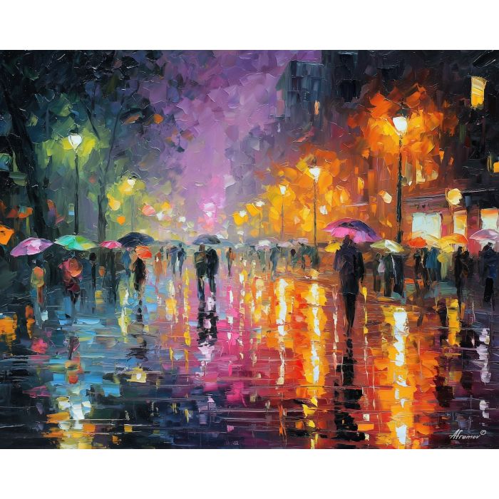 rain painting, umbrella street art, wet pavement reflections, impressionist rain cityscape, colorful umbrellas, palette knife strokes, moody rain art