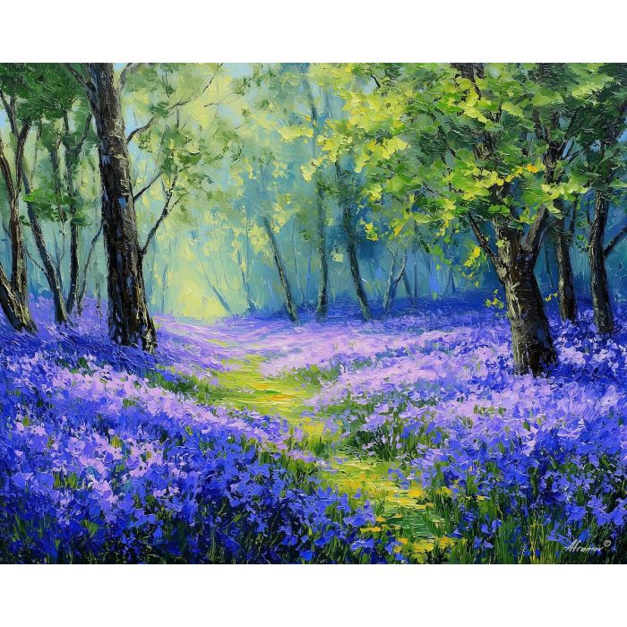 bluebell forest art, woodland clearing painting, lavender flowers scene, impressionist floral landscape, palette knife blossoms, nature light painting