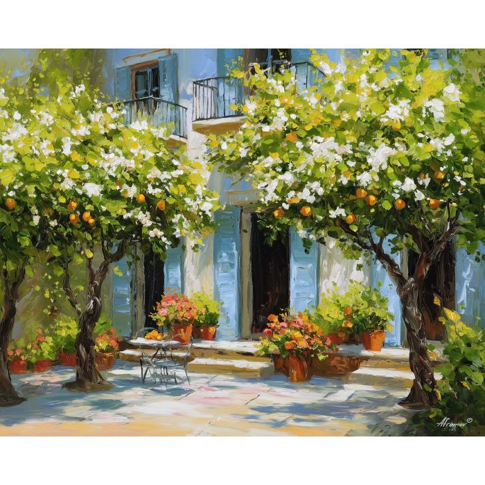citrus trees art, terrace garden painting, warm pastel floral scene, impressionist blossoms, palette knife garden art