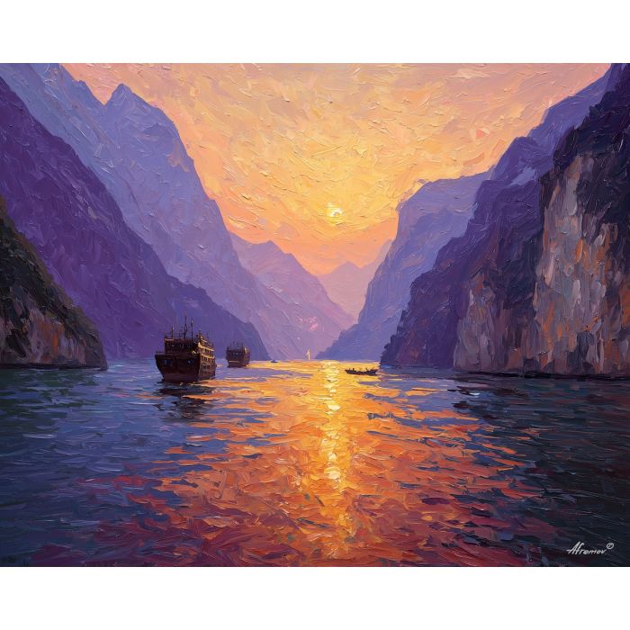 Three Gorges, Yangtze canyon, golden river, sunset cliffs, dramatic gorges, China canyon view, steep mountains, molten gold water, river glow, sunset Yangtze, palette-knife canyon, red-orange cliffs, towering gorge walls, scenic canyon China, warm China river, gorge reflections, deep canyon light, iconic Yangtze scenery, sunset gorge colors, high cliffs China