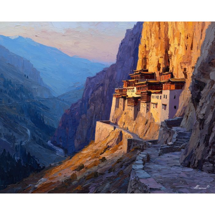 Hanging Monastery, cliff temple, ancient Chinese temple, cliffside architecture, mountain dawn, golden beams, stone shadows, Shanxi cliff temple, suspended monastery, palette-knife temple, dramatic cliff scene, historic China landmark, early morning light, cliffside monastery, vertical temple China, gold-lit wood, mountain architecture, spiritual China landscape, temple on cliff, ancient heritage