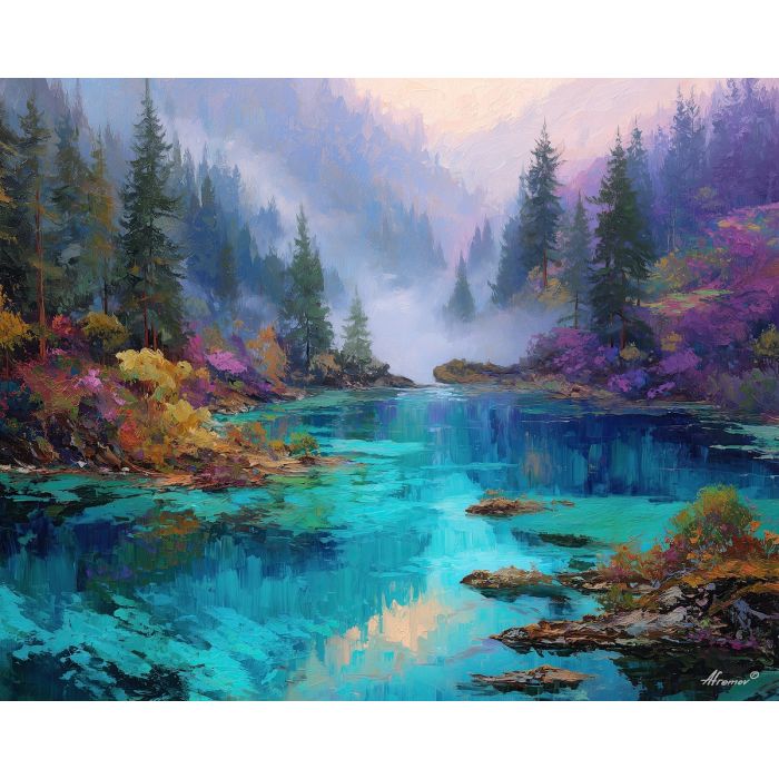 Jiuzhaigou lakes, turquoise water, alpine forests, blue waterfalls, misty valley, crystal lakes China, vibrant water scenery, national park China, blue nature, palette-knife water, aqua reflections, spring forest China, turquoise landscape, mist over water, scenic lakeside China, alpine mist, clear blue lake, pristine China nature, waterfall glow, forest reflections