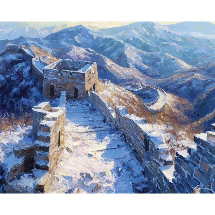 Great Wall snow, winter mountains, white battlements, frosty landscape, snowy ridges, ancient wall China, icy mountain view, winter sunlight, frozen stones, cold China scenery, historical landmark, winter Great Wall, palette-knife snow, bright winter light, snowy mountainscape, iconic China heritage, wall on mountains, historic winter scene, icy ridges, frozen China art